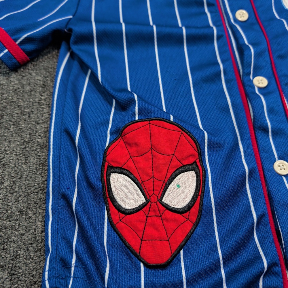 Marvel Spiderman Baseball Jersey Size 7 Blue Pinstripe Button Down Sporty Shirt - Picture 3 of 9
